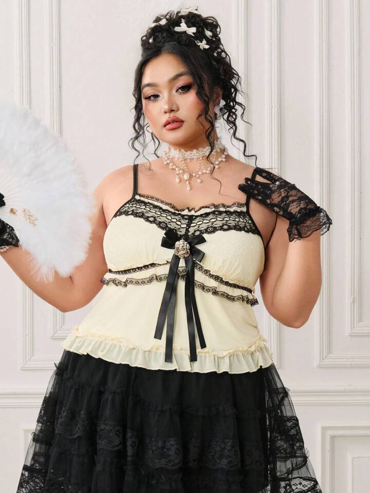 EDITION Plus Size Women Summer Contrast Lace Bow Decor Fashionable Camisole