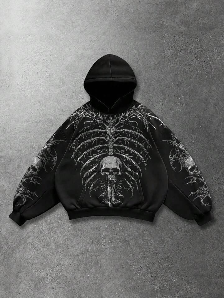 Men's Casual Skull Print Hoodie, Loose Fit
