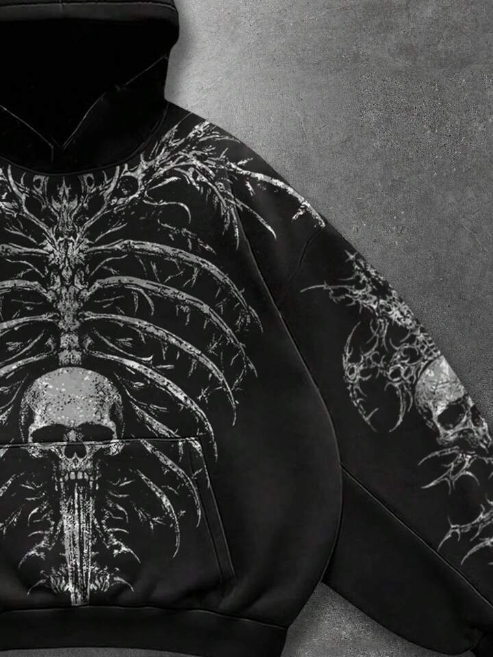 Men's Casual Skull Print Hoodie, Loose Fit