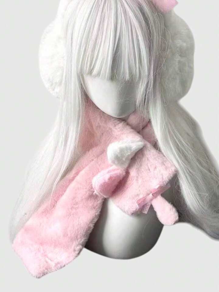 1pc Cute Kawaii Soft Plush Cat Ear Fashion Simple White Scarf, Suitable For Anime, Campus, Casual Wear