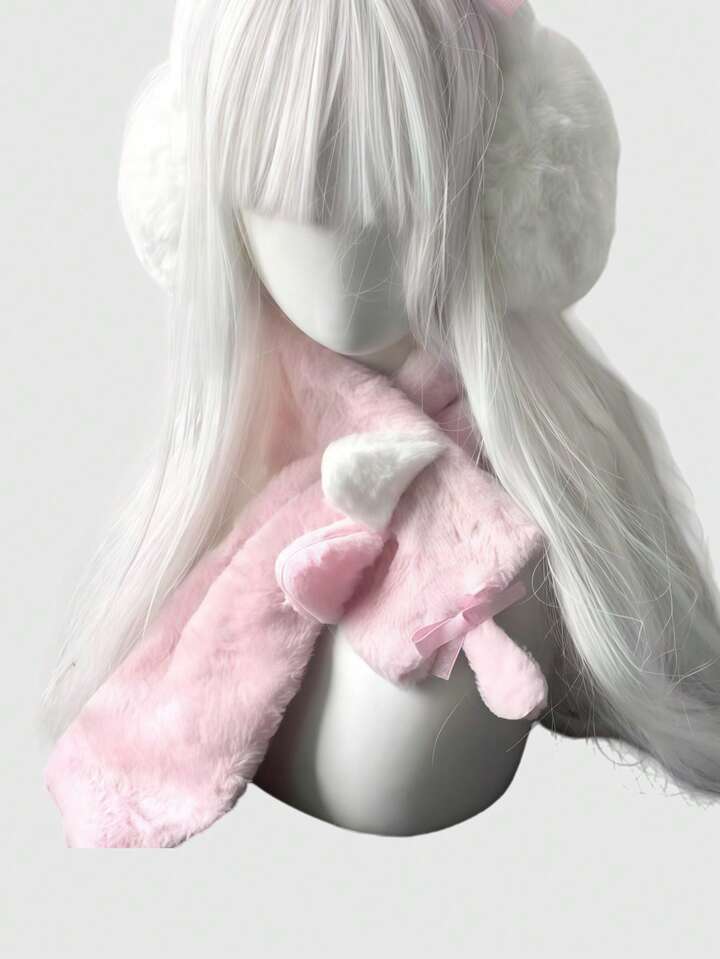 1pc Cute Kawaii Soft Plush Cat Ear Fashion Simple White Scarf, Suitable For Anime, Campus, Casual Wear
