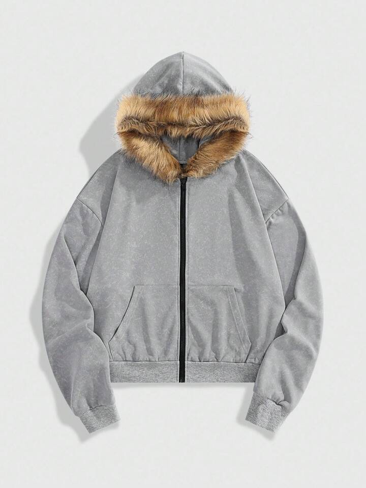 Casual Fashion Fluffy Collar Versatile Men's Zip-Up Hoodies , Fall Winter