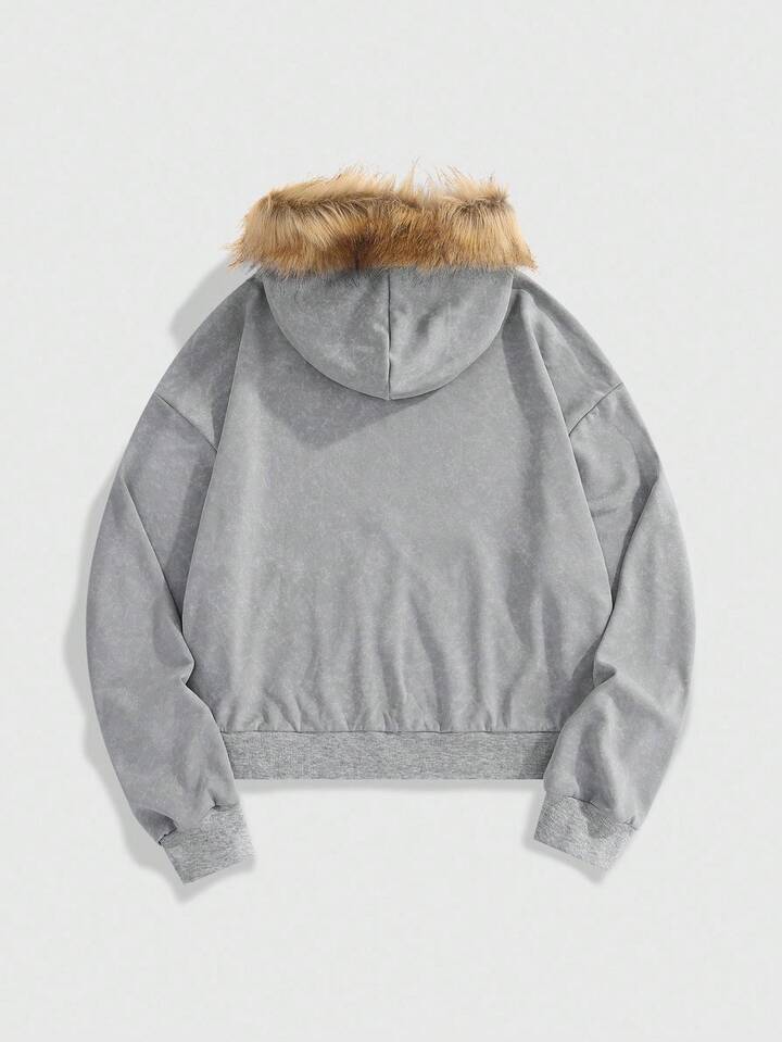 Casual Fashion Fluffy Collar Versatile Men's Zip-Up Hoodies , Fall Winter