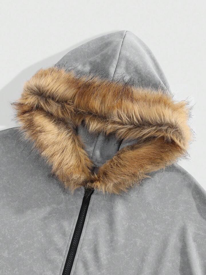 Casual Fashion Fluffy Collar Versatile Men's Zip-Up Hoodies , Fall Winter