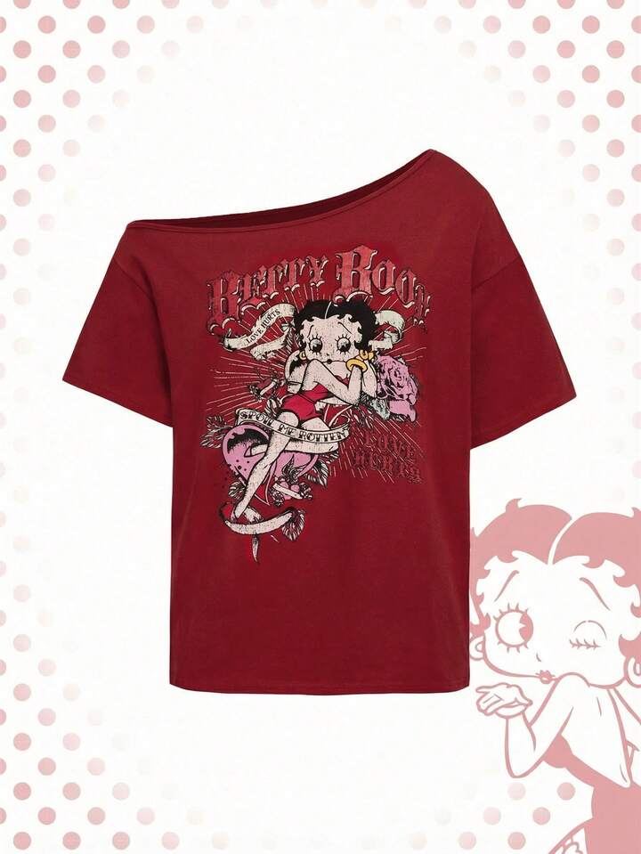 Betty Boop | ROMWE Sexy Heart Cartoon Figure Slogan Rose Oblique Shoulder Women T-Shirt