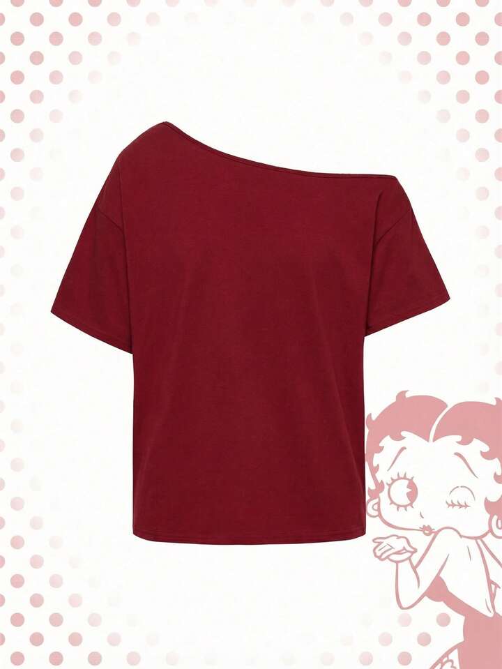 Betty Boop | ROMWE Sexy Heart Cartoon Figure Slogan Rose Oblique Shoulder Women T-Shirt 2 Betty Boop | ROMWE Sexy Heart Cartoon Figure Slogan Rose Oblique Shoulder Women T-Shirt