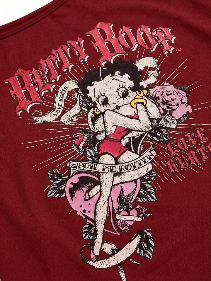 Betty Boop | ROMWE Sexy Heart Cartoon Figure Slogan Rose Oblique Shoulder Women T-Shirt 3 Betty Boop | ROMWE Sexy Heart Cartoon Figure Slogan Rose Oblique Shoulder Women T-Shirt