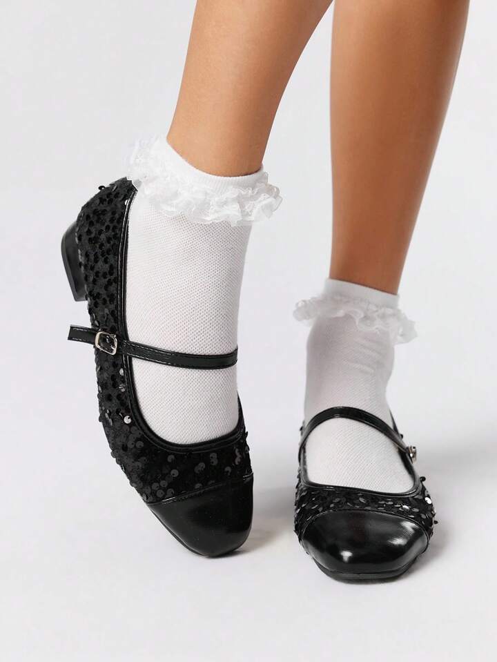Black Chunky Sole, Leather & Glitter Panel Mixed, Unique Design, Fashionable & Eye-Catching, Easy To Wear With Vibe