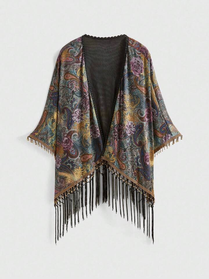 Back To School  Women's Retro Hippie Western Cowgirl Style Beaded Fringe Asymmetrical Hem Paisley Print Cardigan, Seamless Shoulders Kimono Cardigan