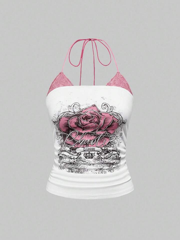 J-Fashion Y2K Style Rose Print Rhinestone 2 Pieces Lace Trim Halter Ruched Camisole