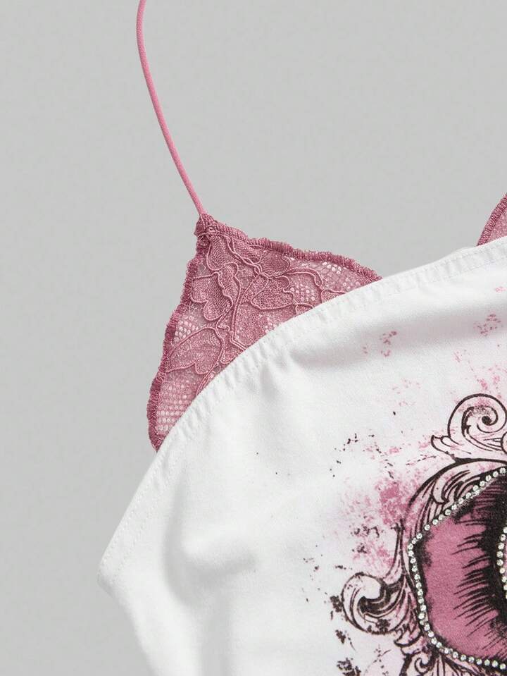 J-Fashion Y2K Style Rose Print Rhinestone 2 Pieces Lace Trim Halter Ruched Camisole 4 J-Fashion Y2K Style Rose Print Rhinestone 2 Pieces Lace Trim Halter Ruched Camisole