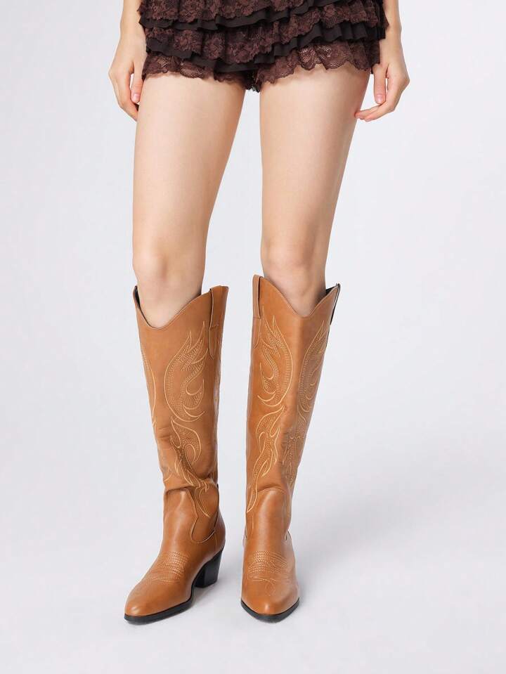 Fairycore Brown Embroidered Western Knee-High Boots, Slip-On Design, Fashion Outdoor Leather