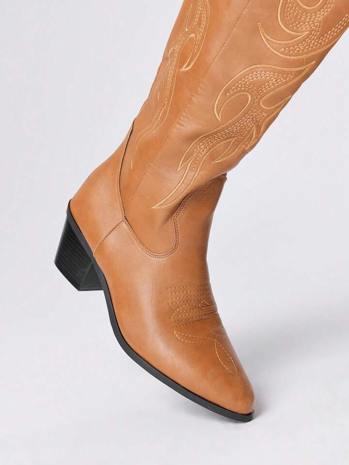 Fairycore Brown Embroidered Western Knee-High Boots, Slip-On Design, Fashion Outdoor Leather