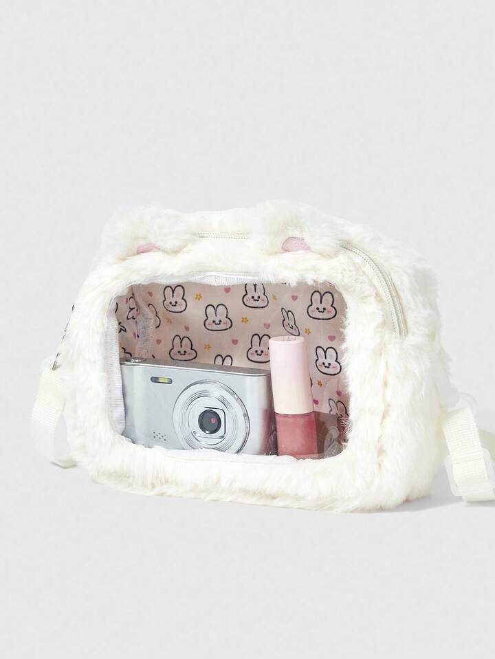 Kawaii Women's Cute Embroidered + Print Rabbit Pattern Plush Fashion Versatile Shoulder Crossbody Bag