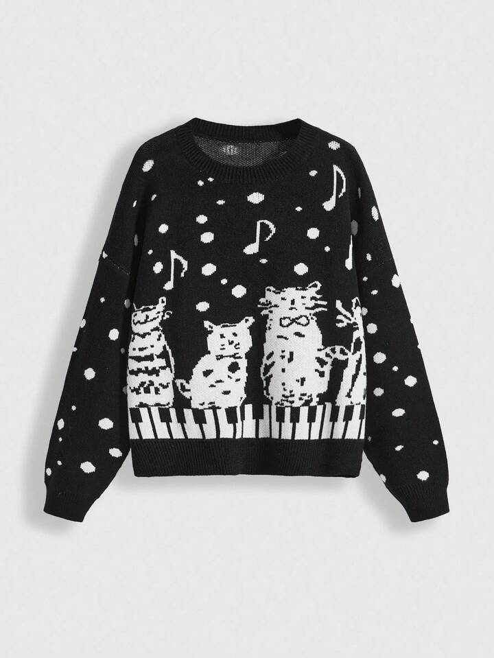 ROMWE Avant Women's Casual Music Note & Cute Cat Jacquard Drop Shoulder Long Sleeve Pullover Sweater