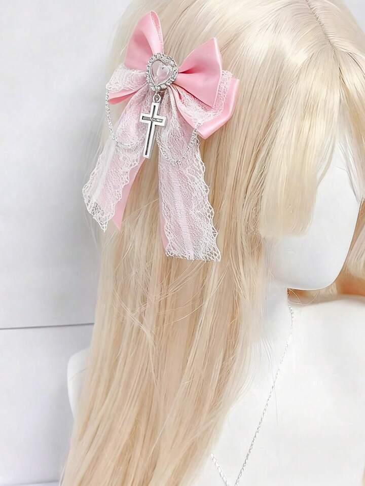 Kawaii 1pc Cute Bow Solid Color Hair Clip, Sweet Rococo Style Chain Cross Lace Ribbon Duck Clip, Handmade Lolita Tea Party Versatile Hair Accessory