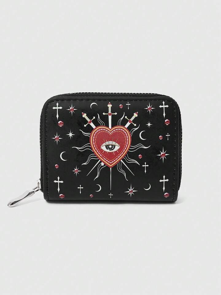 1pc Goth Spring Summer Wallet For Women Palace Gothic Girl Forest Love Eyes Gem Crystal Teardrop Water Drop Eyes Star Heart, Sun, Cross Design Pattern Black Wallet For Daily Use, Halloween