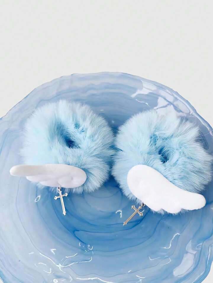 Kawaii 1 Light Blue Fluffy Hair Band With Angel Wings And Cross Pendant Y2K Women's Hair Band Furry Elastic Hair Accessories
