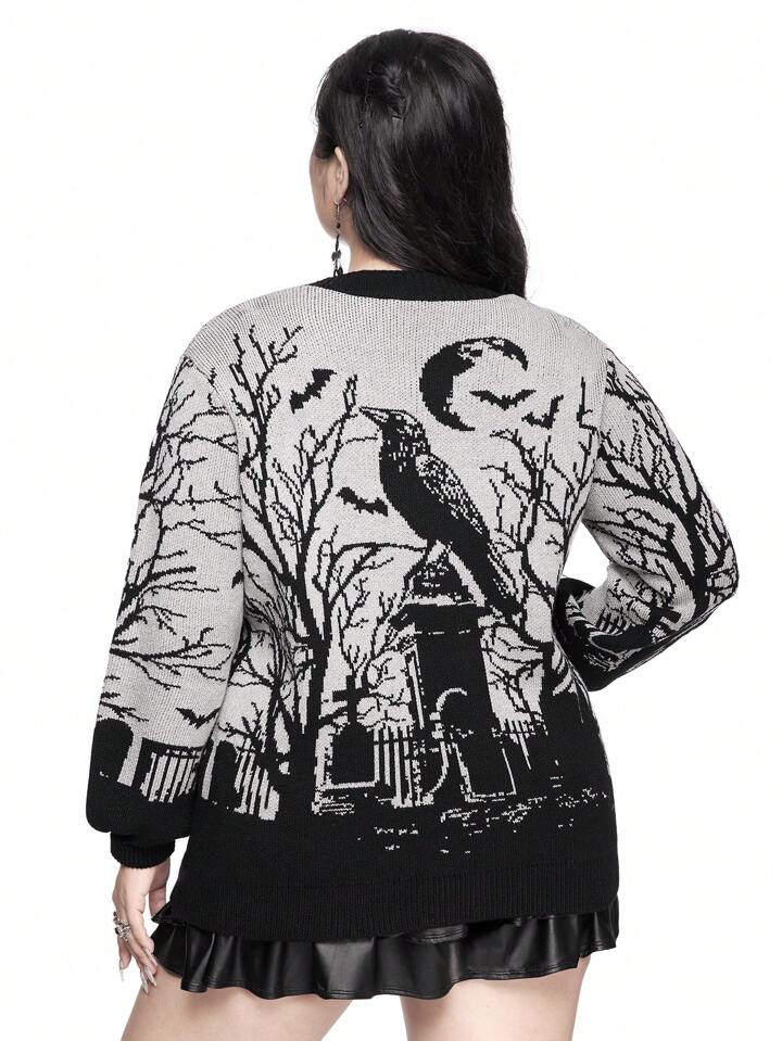 Gothic Horror Crow, Bat, Moon, Tombstone & Branch Print Loose Fit Color Block Cardigan, Plus Size, For Winter 2 Gothic Horror Crow, Bat, Moon, Tombstone & Branch Print Loose Fit Color Block Cardigan, Plus Size, For Winter
