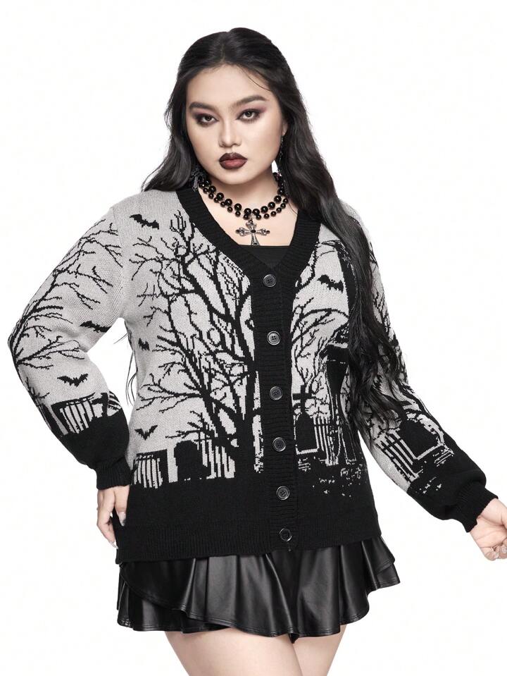 Gothic Horror Crow, Bat, Moon, Tombstone & Branch Print Loose Fit Color Block Cardigan, Plus Size, For Winter 3 Gothic Horror Crow, Bat, Moon, Tombstone & Branch Print Loose Fit Color Block Cardigan, Plus Size, For Winter