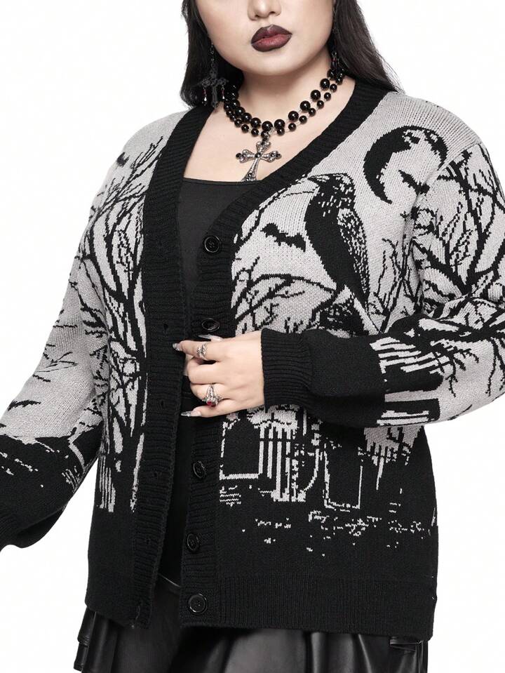 Gothic Horror Crow, Bat, Moon, Tombstone & Branch Print Loose Fit Color Block Cardigan, Plus Size, For Winter 4 Gothic Horror Crow, Bat, Moon, Tombstone & Branch Print Loose Fit Color Block Cardigan, Plus Size, For Winter