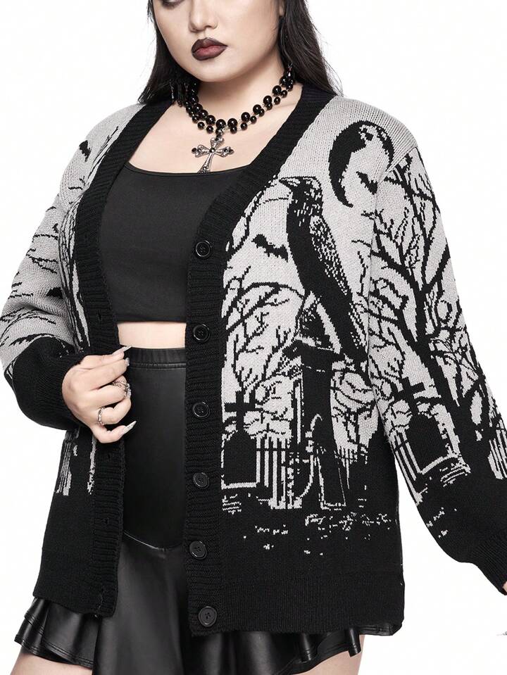 Gothic Horror Crow, Bat, Moon, Tombstone & Branch Print Loose Fit Color Block Cardigan, Plus Size, For Winter 5 Gothic Horror Crow, Bat, Moon, Tombstone & Branch Print Loose Fit Color Block Cardigan, Plus Size, For Winter