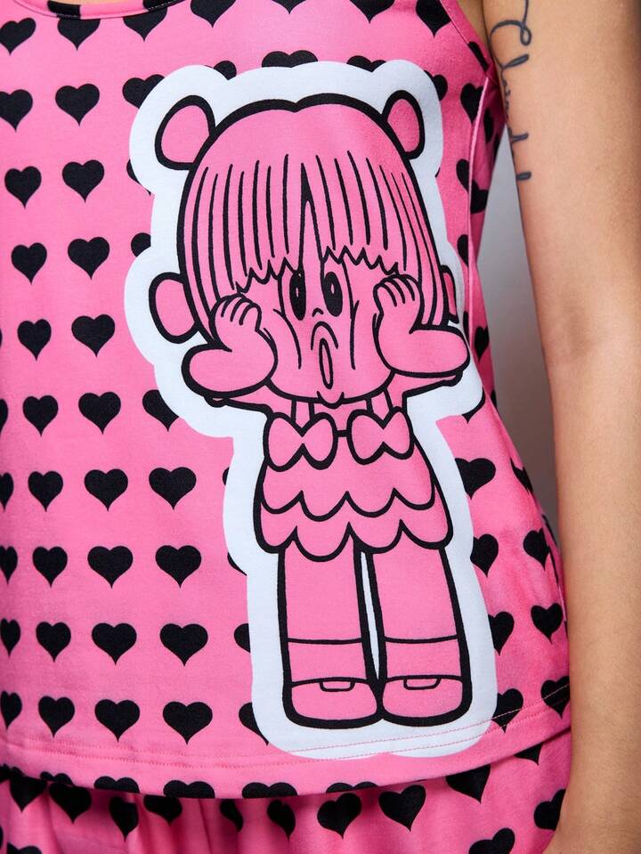 Black Jack X ROMWE Cartoon Figure Graphic Summer Casual Camisole Top & Shorts Women Pajama Set