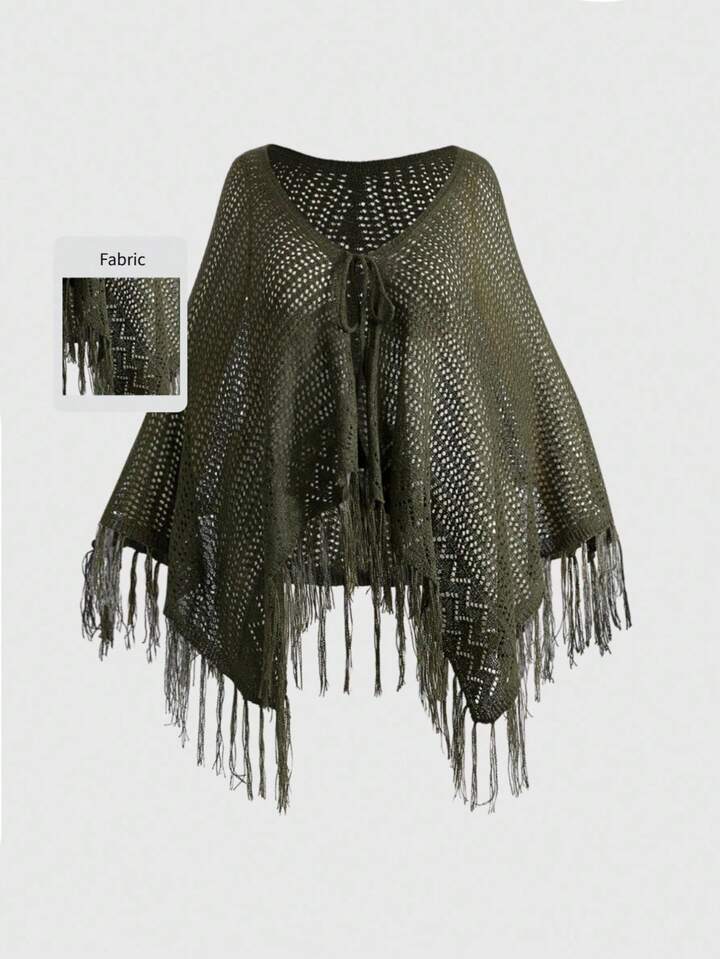 Fairycore Plus Size Hollow Out Tasseled V-Neck Knitted Cardigan