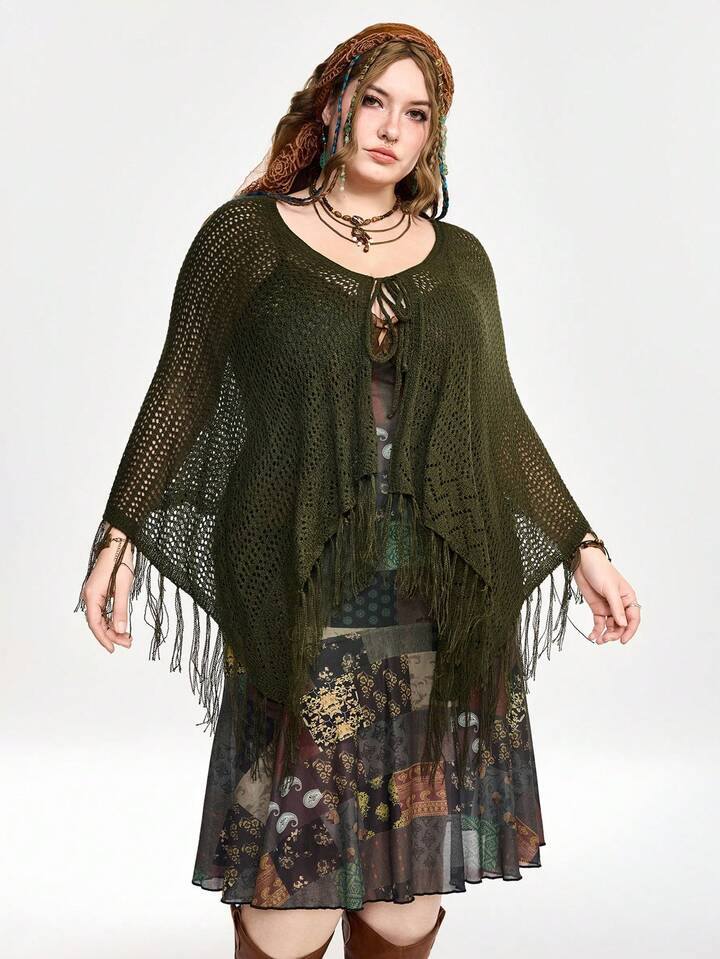 Fairycore Plus Size Hollow Out Tasseled V-Neck Knitted Cardigan
