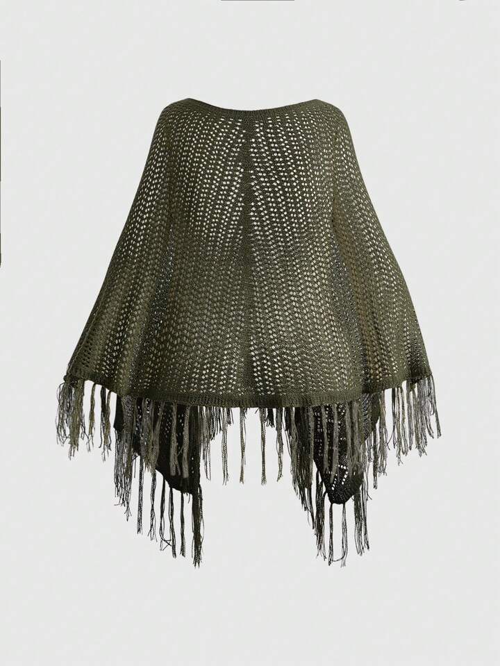 Fairycore Plus Size Hollow Out Tasseled V-Neck Knitted Cardigan