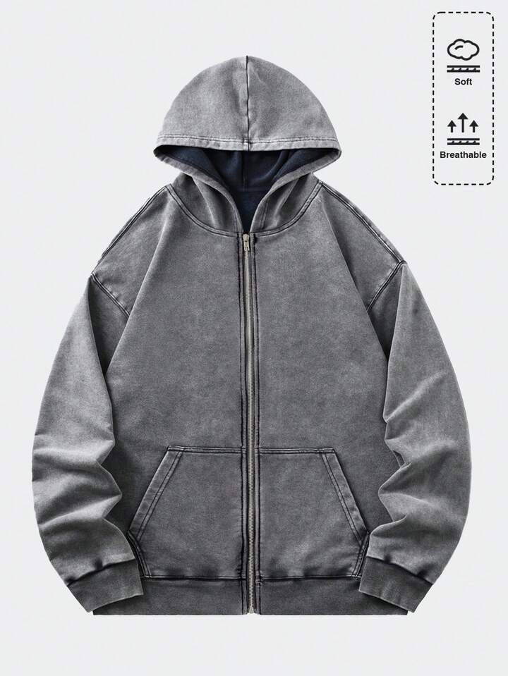 Casual Men's Vintage Washed Loose Fit Metal Zipper Sweatshirt Hoodie Jacket (Reinforced Collar, Hem, Shoulder Seams To Prevent Deformation)