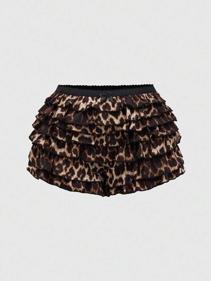 Grunge Punk Plus Size Y2K Cheetah Leopard Print Multi-Layer Ruffle Trim Cake Mini Shorts