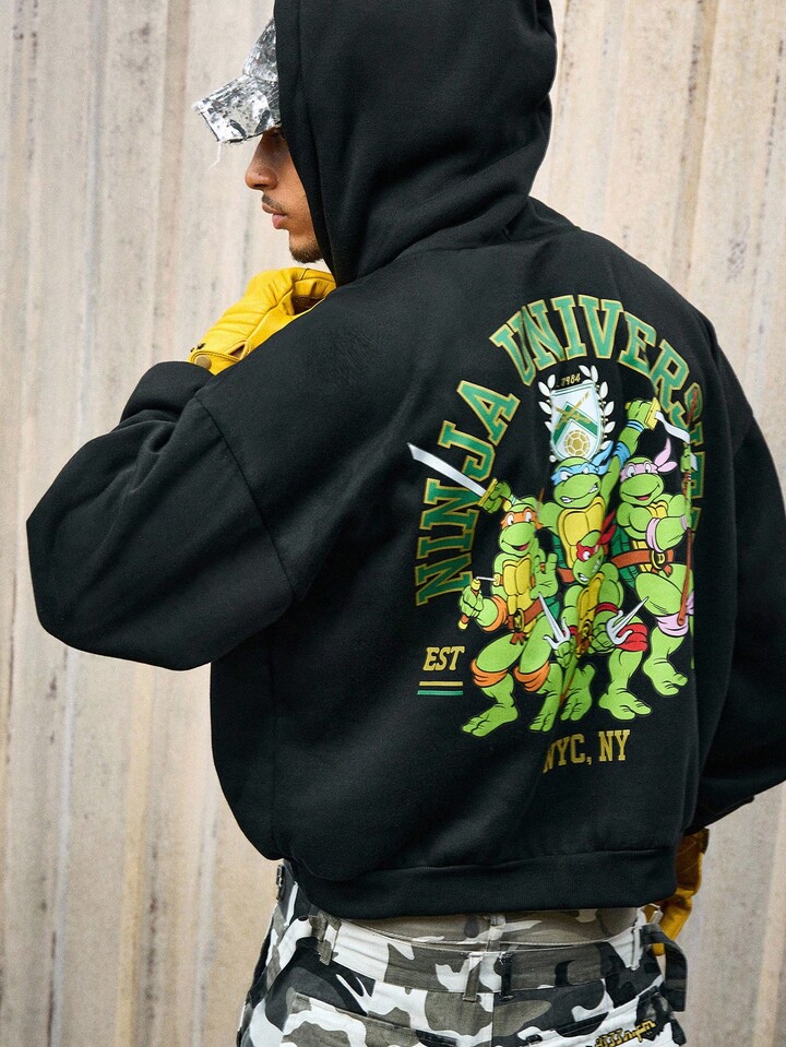 TEENAGE MUTANT NINJA TURTLES X ROMWE Men's Casual Turtle & Letter Graphic Drop Shoulder Hoodie, Autumn