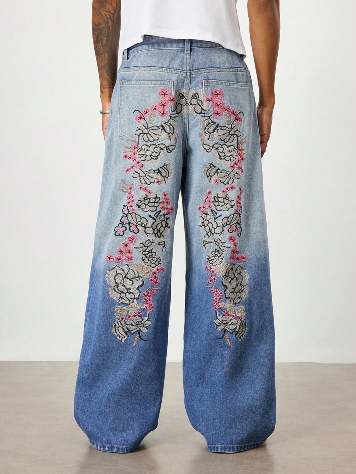 Street Life Men's Floral Embroidered Loose Baggy Jeans