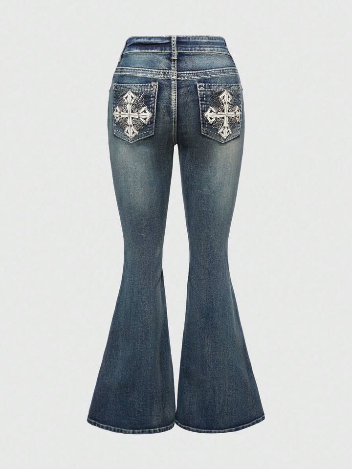 Y2K Retro Millennium Babe American Flag Embroidered Patch Fitted Flare Leg Jeans For Women