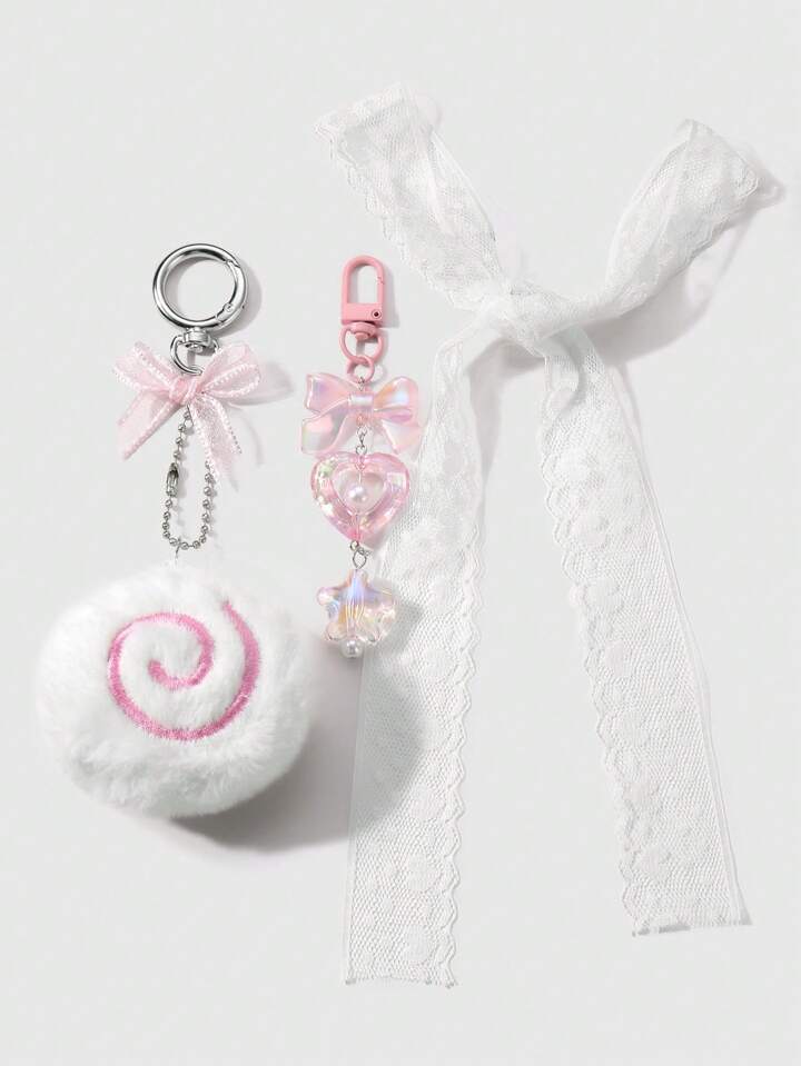 Kawaii 3pcs Set: Cute Plush Donut, Resin Bowknot, Heart & Star Decor + 80cm White Lace Headband, Keychain, Bag Accessory Combo, Elegant Gift For Women, Girls