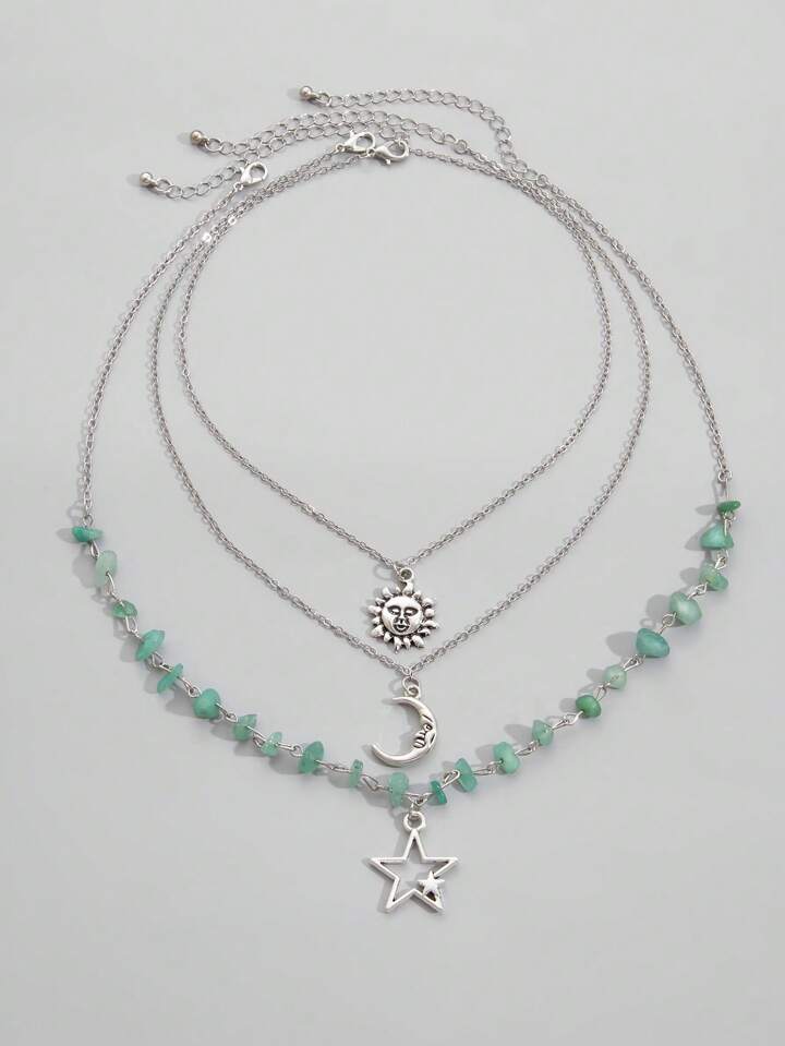 Fairycore 3pcs Set Simple Star, Moon & Sun Pendant Bead Chain Necklace