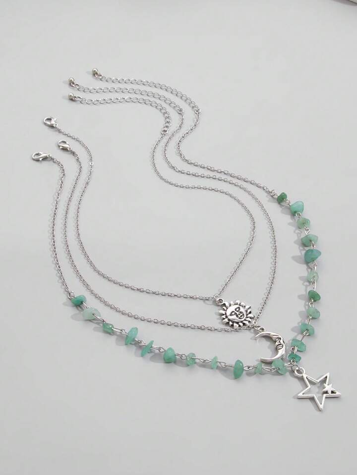 Fairycore 3pcs Set Simple Star, Moon & Sun Pendant Bead Chain Necklace