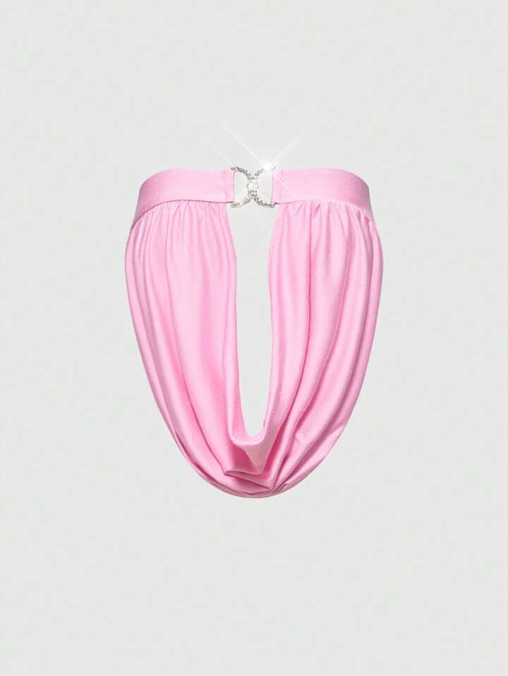 Y2K Retro Sexy Plunging Neck Rhinestone Decor Pink Cropped Top For Women