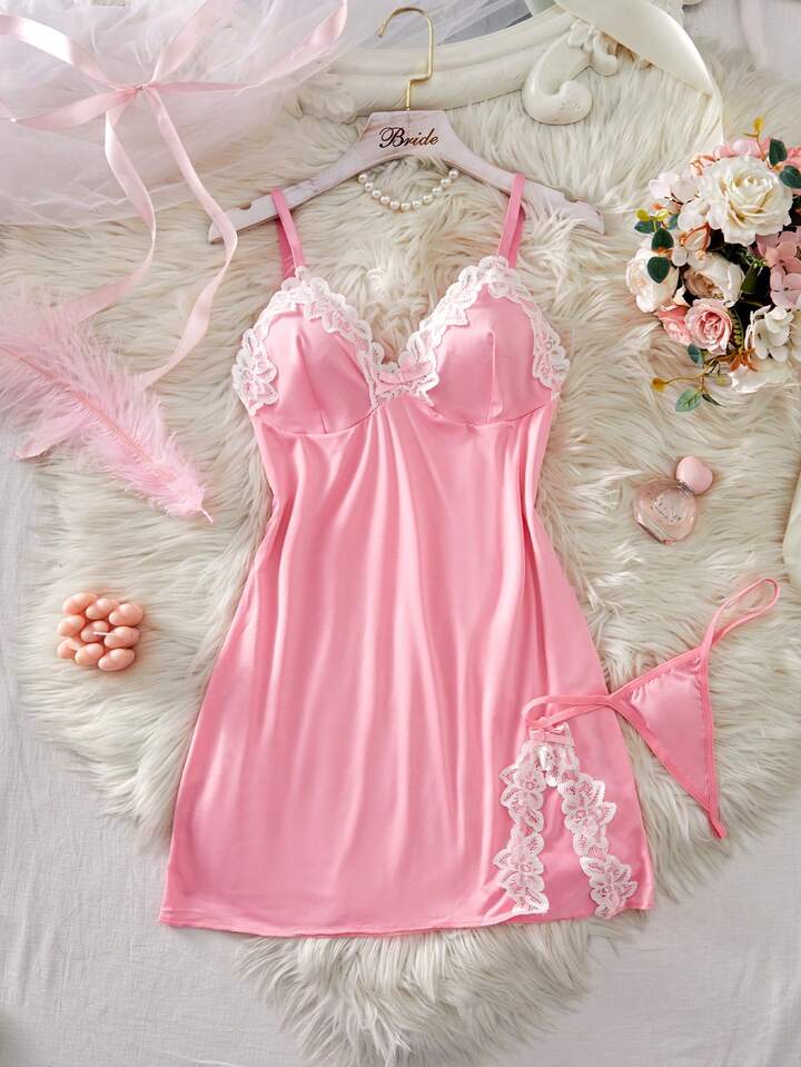 Kawaii Contrast Lace Split Design Sexy Charm Women Nightgown With G-String, Lingerie Set, Rave For Going Out, For Valentine's Day