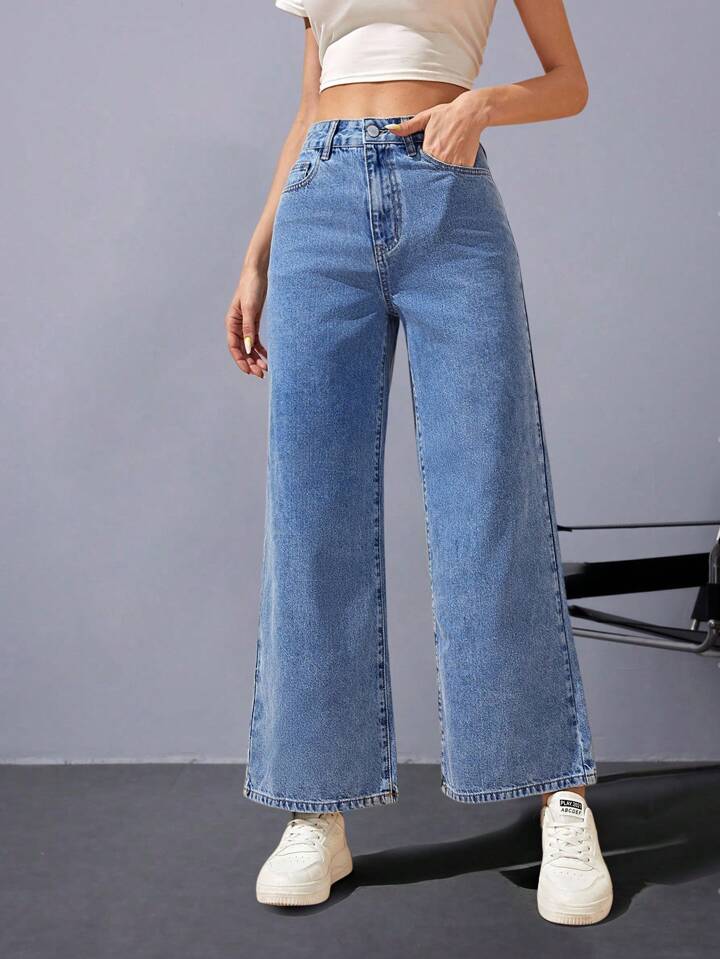 Women High Waist Wide Leg Straight Leg Jeans