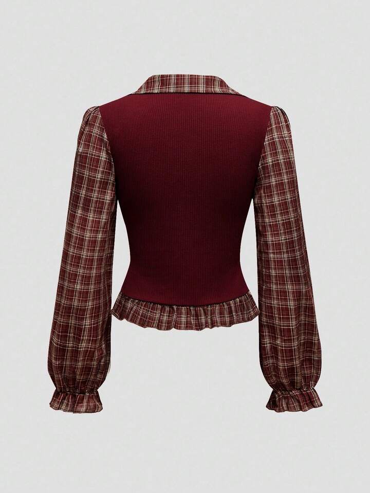 Back To School Vintage Gothic Plaid Patchwork Long Sleeve Shirt Blouse For Women