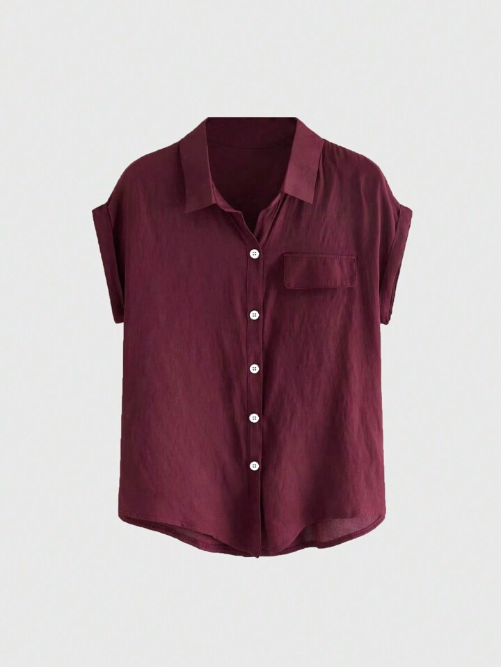 Rolled Cuff Button Front Shirt Button Up Shirt, School,Short Sleeve Tops