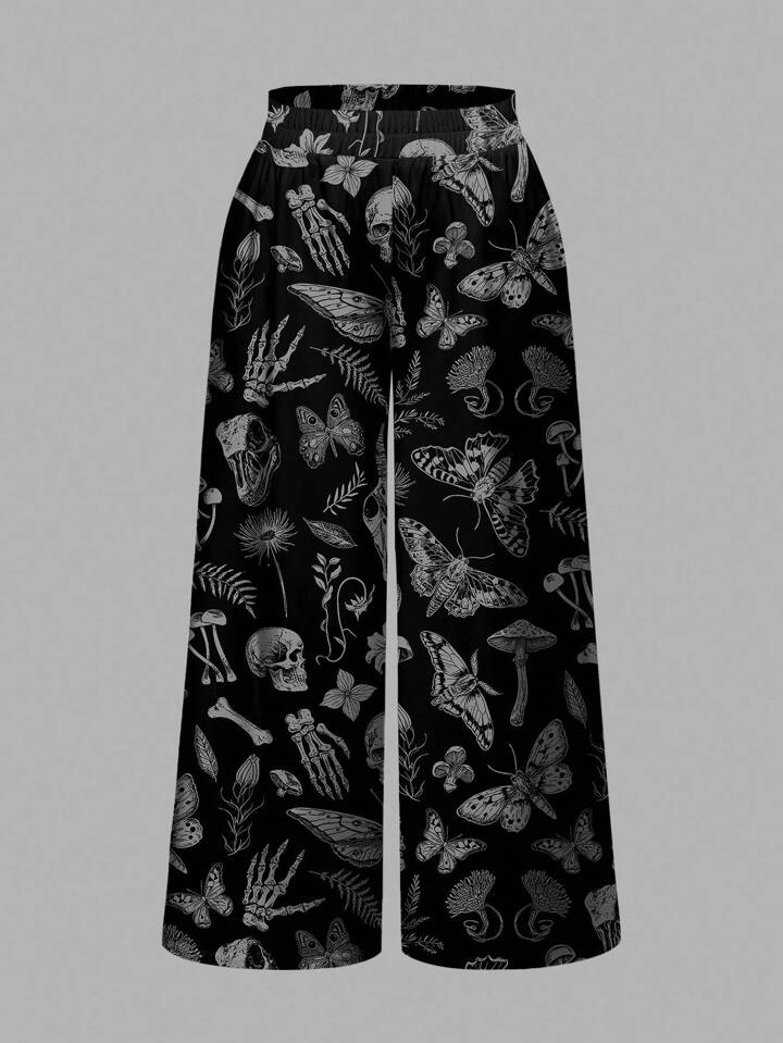 Plus Size Women Gothic Palace Dark Skull Moth Plant Butterfly Mushroom Leaf Full Print Loose Wide Leg Pants, Halloween