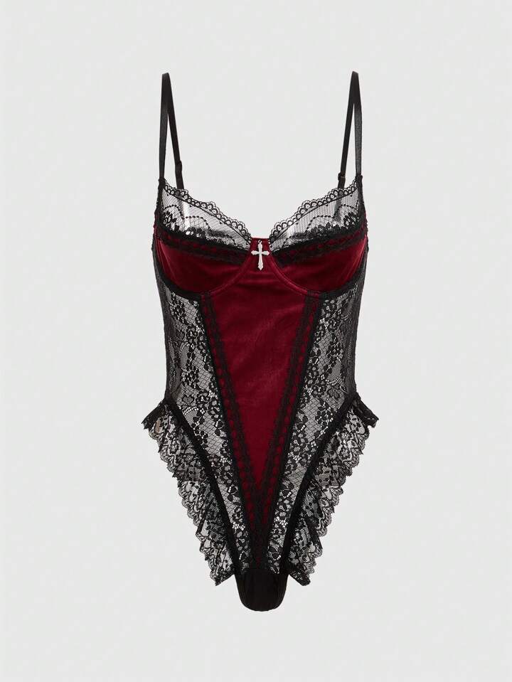 Women's Sexy Gothic Bodysuit With Cross Accessory, Velvet & Lace Material, Boned Lingerie, For Valentine's Day