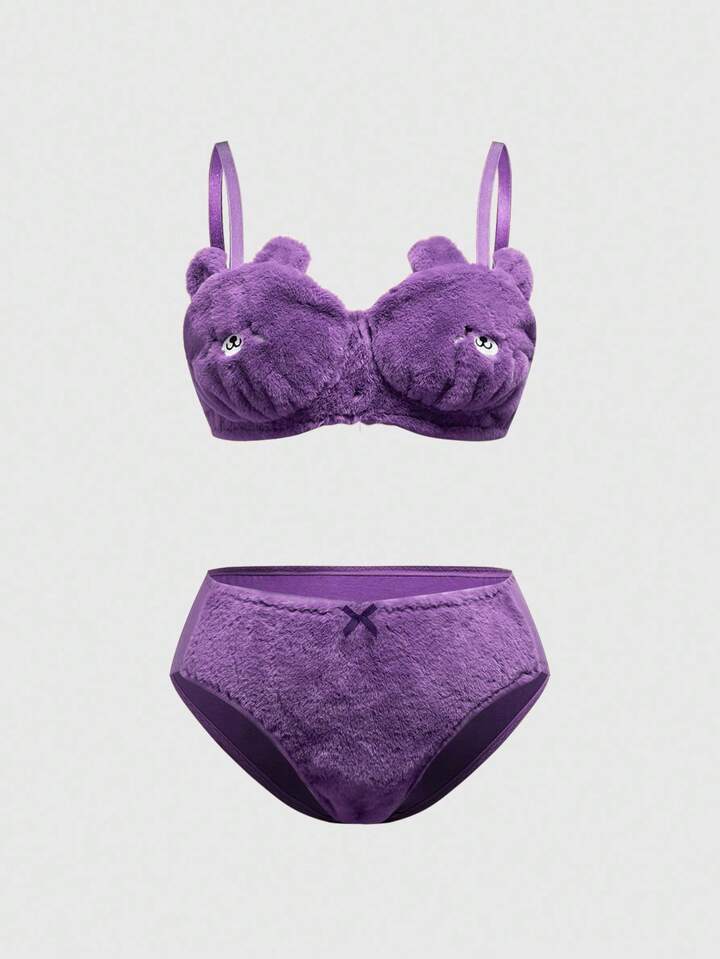 Kawaii Cute Embroidered Plush Bear Handmade Wireless Plus Size Lingerie Set