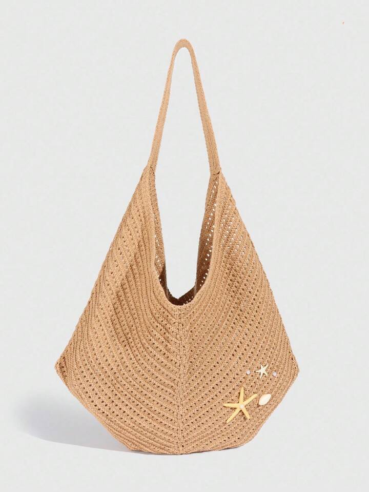 Fairycore 1pc Tropical Shiny Hollow Out Knitted Tote Bag, Beach Vacation Style Shoulder Bag