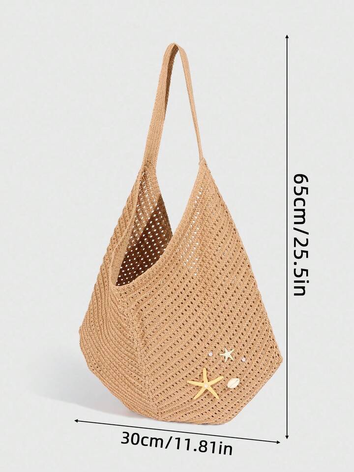 Fairycore 1pc Tropical Shiny Hollow Out Knitted Tote Bag, Beach Vacation Style Shoulder Bag 2 Fairycore 1pc Tropical Shiny Hollow Out Knitted Tote Bag, Beach Vacation Style Shoulder Bag