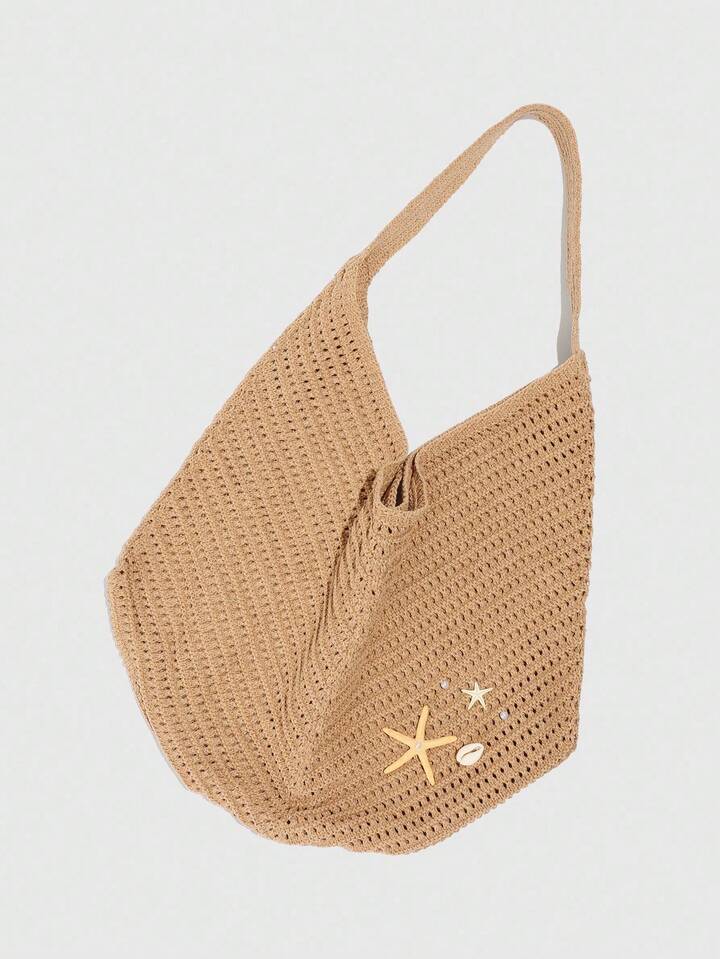 Fairycore 1pc Tropical Shiny Hollow Out Knitted Tote Bag, Beach Vacation Style Shoulder Bag 5 Fairycore 1pc Tropical Shiny Hollow Out Knitted Tote Bag, Beach Vacation Style Shoulder Bag