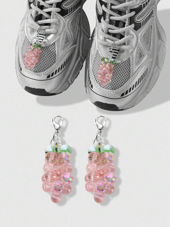 Kawaii 2pcs Handmade Beaded Faux Crystal Grape Pendant DIY Clasp Shoe Decor Set, Sweet & Fashionable, Suitable For Women Daily Wear, Gift